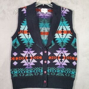 VTG MC II Sweater Vest Womens M Black Southwestern Aztec Button Shawl Collar